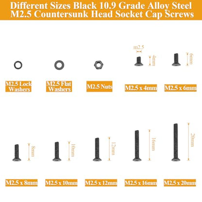 565 Pieces M2.5 Screws Nuts Washers Set Black, Sutemribor M2.5 x 4/6/8/10/12/16/20mm Countersunk Head Socket Cap Screws Nuts Washers Assortment Kit, 10.9 Grade Alloy Steel, Fully Threaded - size: M2.5, style: Countersunk Head Socket Cap