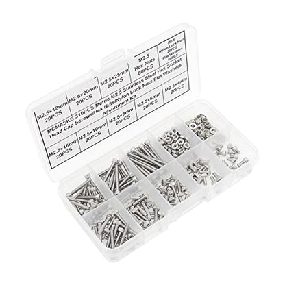 Metric M2.5 Stainless Steel Socket Head Cap Screws Hex Nuts/Nylon-lnsert locknuts/Flat Washers Assortment Kit - size: M2.5