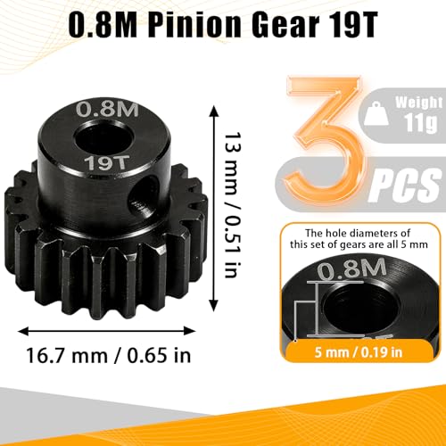 3-Pack Steel Metal 0.8M 5mm Pinion Motor Gear Sets 19T Compatible with HPI Kyosho Losi Axial Tamiya 1/8 1/10 RC Car Monster Truck Buggy, 0.8 Module Gear for Traxxsa Arrma - style: 3Pcs 19T