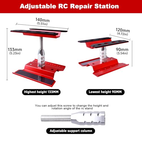 Aluminum Alloy RC Car Repair Work Stand Hobby Tool Set 360 Degree Rotation Lift/Lower and RC Screws Kit Repair Tool Box for 1/8 1/10 1/12 1/16 1/18 RC Car Truck Buggy Models (Red) - color: Red