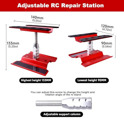 Aluminum Alloy RC Car Repair Work Stand Hobby Tool Set 360 Degree Rotation Lift/Lower and RC Screws Kit Repair Tool Box for 1/8 1/10 1/12 1/16 1/18 RC Car Truck Buggy Models (Red) - color: Red