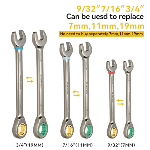 GRENPRO 23PCS Ratcheting Wrench Set SAE Metric Combination Mechanic Tools | 1/4"-3/4"&6-18MM Bolt Gauge, Gray Nickel CR-V 72-Tooth 5-Degree Swing 12Pt Color Rings, Roll Pouch for Auto & Home Repair - style: 23PCS Ratcheting Wrench Set Metric&SAE With Colo