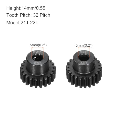 2Pcs 32P Steel Pinion Gear Set 21T 22T for 5mm Shaft Hardened Steel Pinion Gear with Screws and Hexagonal Wrench for RC