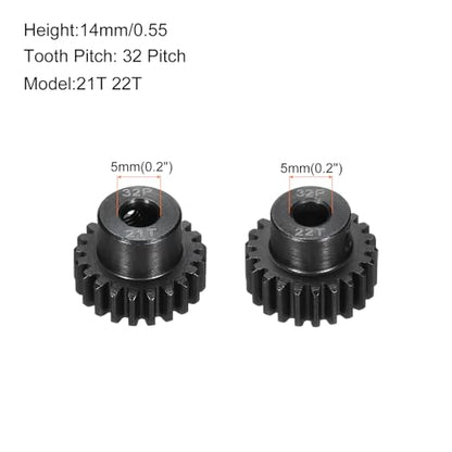 2Pcs 32P Steel Pinion Gear Set 21T 22T for 5mm Shaft Hardened Steel Pinion Gear with Screws and Hexagonal Wrench for RC