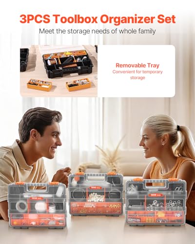 VEVOR 3-Pack Small Parts Organizer, 21 Compartments Tools Organizer Box with Removable Dividers, PP Hardware Storage Box with Safety Latch & Portable Handle for Nuts, Bolts, Screws, Nails