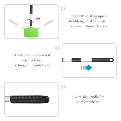 Car Windshield Cleaner Tool, Detachable Car Window Cleaner with Aluminum Extendable Handle & 2 Reusable Cloth Pads, Washable Vehicle Windshield Cleaning Wand for Exterior (Green) - color: Green