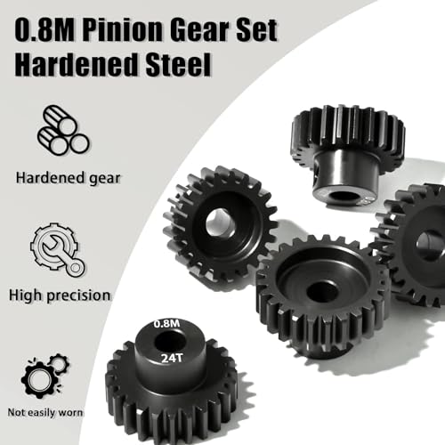 5Pcs 0.8M Hardened Steel Pinion Gear Set 5mm Shaft 21T 22T 23T 24T 25T Motor Pinion Gear with M4 Screw and Hex Key, for Arrma HPI Kyosho Losi Axial Traxxas Tamiya 1/10 RC Car and 540/550 Motors - size: 0.8M-5mm-21-25T