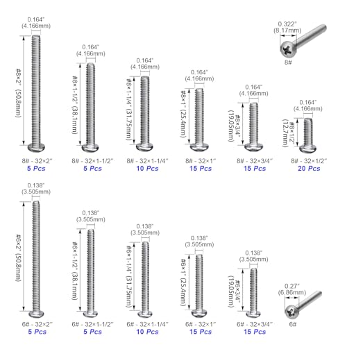 120pcs Machine Screws, #6-32#8-32 Electrical Screw Kit | 304 Stainless Steel, Phillips Pan Head Replacement Machine Screws for Outlet, Panel, Furniture, DIY Projects