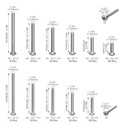 120pcs Machine Screws, #6-32#8-32 Electrical Screw Kit | 304 Stainless Steel, Phillips Pan Head Replacement Machine Screws for Outlet, Panel, Furniture, DIY Projects