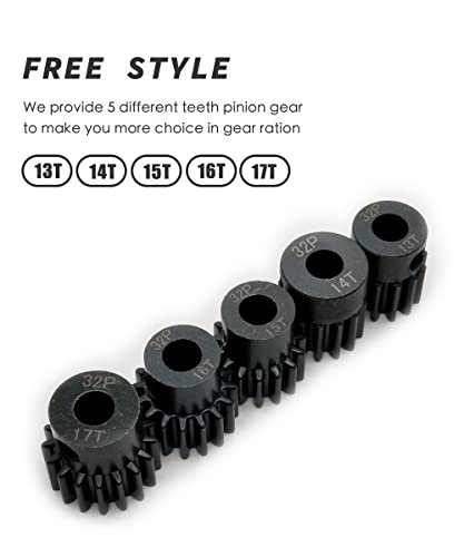 32p 5mm Pinion Gear Set 13T 14T 15T 16T 17T for RC Buggy Car Monster Truck | High-strength hardened steel,with 1/8 inch(3.175mm) Coupler and hex Key,Wear Resistance