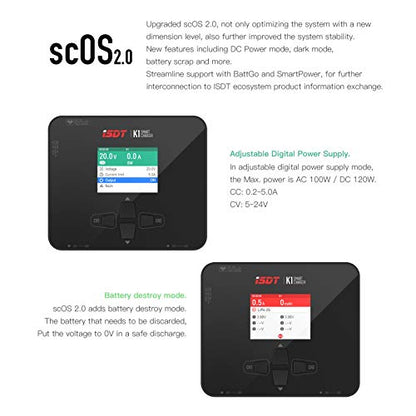 ISDT K1 AC 100W DC 2 x 250W 10A Dual Channel Lipo Battery Balance Charger, XT60 Smart Charger for 1~6S LiPo/LiIon/Life/LiHV 1~10S Pb 1~16S NiCd/NiMh