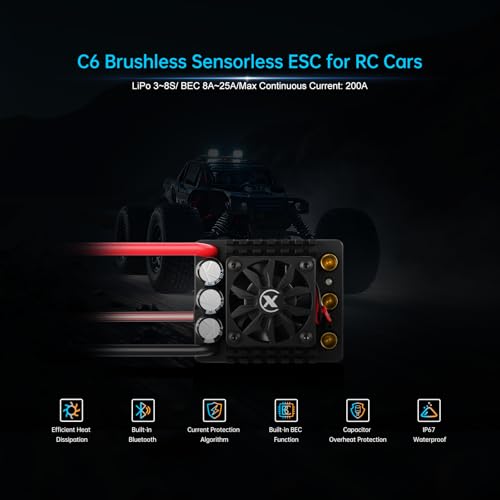 XC C6 Sensorless Brushless ESC for RC Car,3-8S Lipo,200A Continuous Current,8-25A、6.0/7.4/8.4V BEC,Applicable to 1/6 1/7 On Road Truck Monster