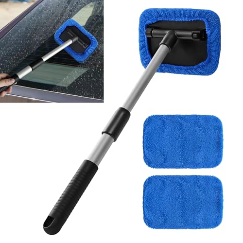 Windshield Cleaning Tool, Car Window Cleaner, Vehicle Window Cleaner with Extendable Handle & 2 Washable Microfiber Pads, Car Interior Glass Wiper Cleaning Kit for Most Vehicles (Blue) - color: Blue