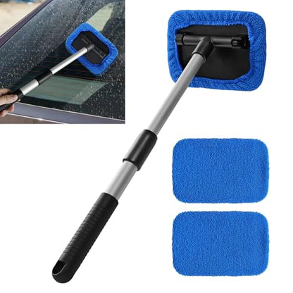 Windshield Cleaning Tool, Car Window Cleaner, Vehicle Window Cleaner with Extendable Handle & 2 Washable Microfiber Pads, Car Interior Glass Wiper Cleaning Kit for Most Vehicles (Blue) - color: Blue