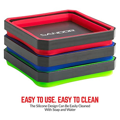 SANDOR Collapsible Magnetic Parts Tray Set - (Pack of 3) Tool Trays for Screw, Bolts, Nuts, Washers, Pins and Other Small Metal Parts - 4.25 Inch Square - Red, Blue, and Green