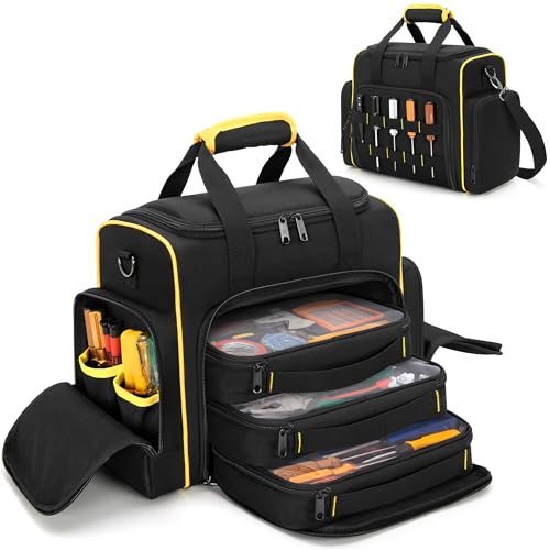 Marscamd Tool Bag with 3 Removable Cases, 2 Layers Tool Tote for Hand Tools | with Front Molle Straps & Detachable Shoulder Strap, Black with Yellow Binding - color: Black with Yellow Binding