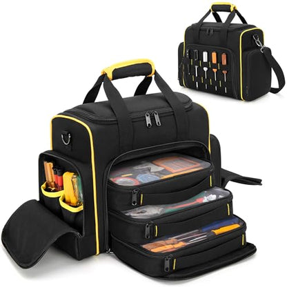 Marscamd Tool Bag with 3 Removable Cases, 2 Layers Tool Tote for Hand Tools | with Front Molle Straps & Detachable Shoulder Strap, Black with Yellow Binding - color: Black with Yellow Binding