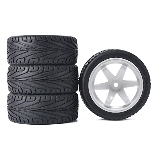 4PCS RC Car Rubber Tires and Plastic Wheels Rims Compatible with 1/10 Scale On Road Touring Racing Flat Drift Car for HSP HPI Tamiya(White) - color: White