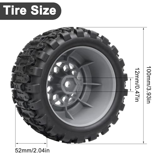 LRFHL 12mm Hex RC Wheel Tires 4PCS | for 1/16 Traxxas Mini Maxx 107154-1 Mini XRT VXL 108076-1 E-Revo Mini XRT MJX 16207 16210 HSP 94186 LOSI 1/18 Mini LMT - color: Black Tires+ Grey Hex Wheel-3