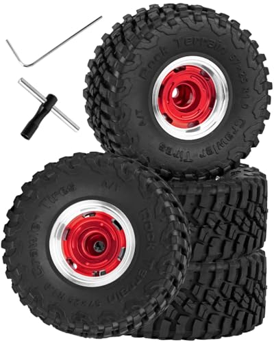 RC 1.0 Wheels and Tires for 1/18 TRX4M,1/24 SCX24 RC Crawler Car,RC Aluminum Wheel Rims & Rubber Tires w/Foam Inserts,RC 1.0 Off Road Buggy Rally Wheels and Tires,Red - color: Red - (4pcs Bailuchi Tires)