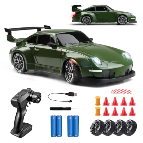 Drift RC Car Kit - 1/24 4WD 2.4GHz Remote Control Green Sports Car | with Widebody Design for Kids Beginner Drift Enthusiasts, LED Lights, Extra Racing Tires, 2 Rechargeable Batteries - color: Green