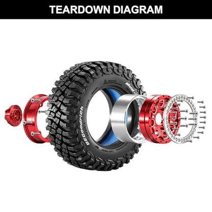 1.9" Beadlock Wheels and Tires (90mm/3.54in) for MJX Hyper Go H12Y, MN128, 1/12 RC Crawler, CNC Aluminum Wheels, Soft Rubber Tires with Foam Inserts, Installation Tool Included (Red) - color: Red