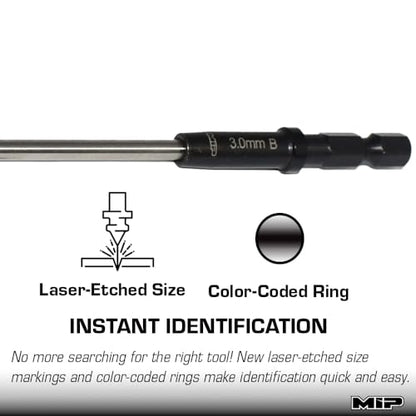 MIP Ball End Metric RC 1/4" Hex Bit 9243S 3.0mm – Hex Head Allen Wrench Drill Tools Tool Bits for Screwdrivers, Electric Screwguns, and Power Drills For RC Cars - Made in USA - size: 3.0mm - Ball End Hex