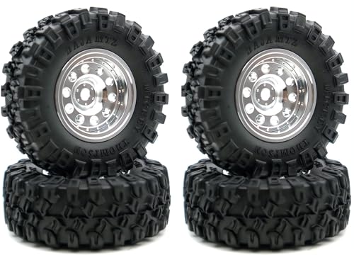 RC 1.0 Aluminium Beadlock Wheel and Tire Set for SCX24 1/24 1/18 RC Crawler YK1002 (Silver) - color: Silver