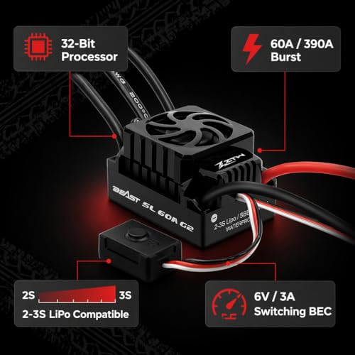 ZTW Beast G2 SL 60A ESC 2-3S Sensorless Brushless Speed Controller 6V/3A SBEC for 1/10 RC Car RTR Truck Buggy Truggy