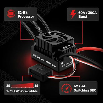 ZTW Beast G2 SL 60A ESC 2-3S Sensorless Brushless Speed Controller 6V/3A SBEC for 1/10 RC Car RTR Truck Buggy Truggy