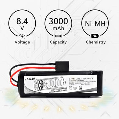 (2-Pack) 8.4V 3000mAh Ni-MH Battery with TRX Plug for RC Vehicles | For Tamiya, Traxxas, LOSI, Associated, HPI and Kyosho RC cars, trucks, boats and buggies; includes 4.8V–12V charger. - color: (2-Pack) 8.4V 3000mAh TRX