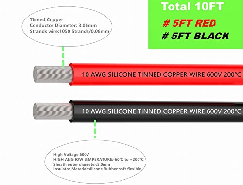 TUOFENG 10 AWG Silicone Wire - Ultra Flexible Stranded, Red/Black 10ft - size: 10 AWG 2 colors wire 5ft