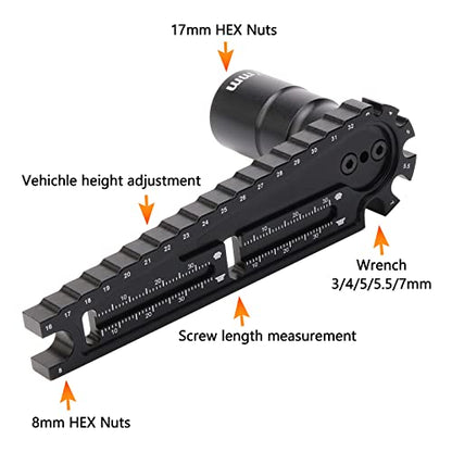 4 in 1 Multi Use 16-32mm RC Ride Height Gauge & 17mm Nut Driver & Turnbuckle Wrench & Screws Length Measurement Tool & Hex Screwdriver Set for 1/8 1/10 RC Cars, Pack of 5