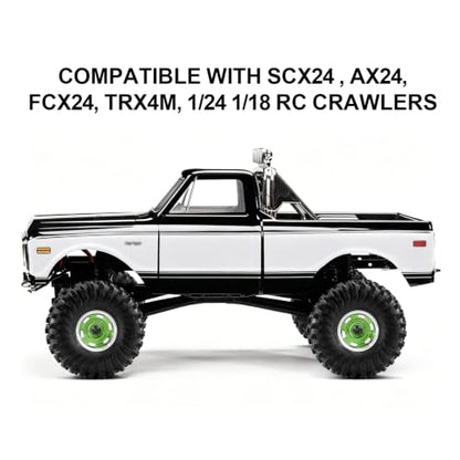 1.0" Beadlock Aluminum Wheels and 64mm Soft Rubber Tires | for SCX24, TRX4M, Ascent 18, FCX24, 1/18 1/24 RC Crawler, 7mm Hex, 0mm Offset, with Foam Inserts, (Green A) - color: Green a