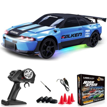 Remote Control Car RC Drift Car 2.4GHz 1:24 4WD 15KM/H High Speed Racing Sport Car with LED Lights Drifting Tire Racing Sport Toy for Adults Boys Girls Kids Gift - color: Blue