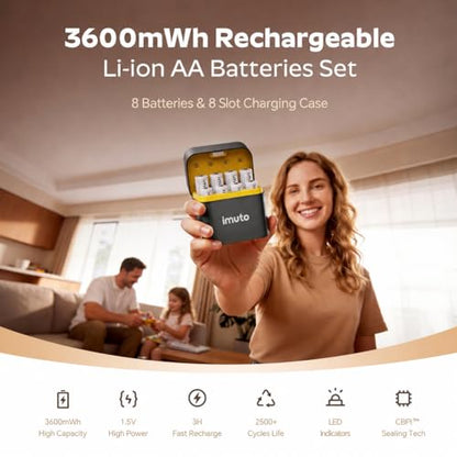 imuto Rechargeable AA Batteries with Charger, 3600mWh 8 Pack 1.5V 2A Output | aa Lithium Batteries, 8 Slot Storage Case, 2500+ Cycles Life, 3H Fast Charging for Smart Lock, Xbox Series, Blink Camera