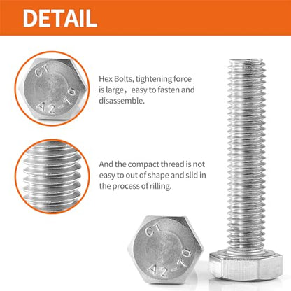 M5 x 30mm 35mm 40mm 45mm 50mm Heavy Duty Hexagon Bolts Hex Head Screws, 304 Stainless Steel, Metric Fully Thread, Machine, Bright Finish, Assortment Kit 50PCS - size: M5 x 30/35/40/45/50mm (50PCS)