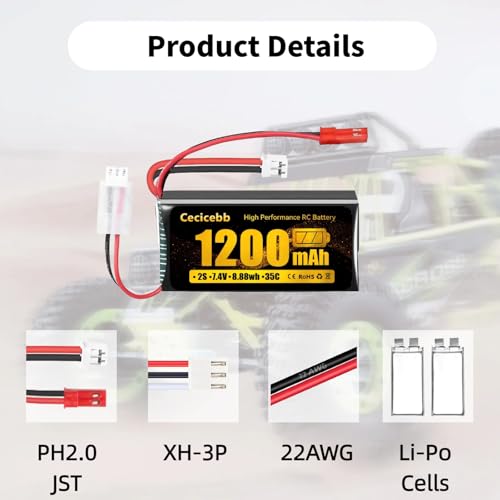 SCX24 Lipo Battery 7.4V 1200mAh Lipo Battery 2S 35C with PH2.0 & JST Plug for WLtoys A949 A959 A969 A979 K929 RC Truck and 1/10 1/16 1/18 1/24 RC Cars with USB Charger Cable