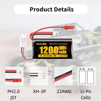 SCX24 Lipo Battery 7.4V 1200mAh Lipo Battery 2S 35C with PH2.0 & JST Plug for WLtoys A949 A959 A969 A979 K929 RC Truck and 1/10 1/16 1/18 1/24 RC Cars with USB Charger Cable