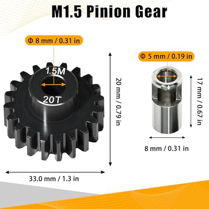 M1.5 20T Pinion Gear 8mm Bore with 8mm to 5mm Shaft Adapter Sleeve, Chromium Steel Motor Gear with Set Screw & Hex Key for Traxxas ARRMA Losi 1/5 1/8 RC Cars - size: 20T