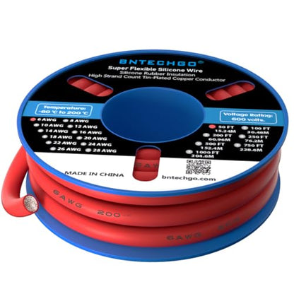 BNTECHGO 6 Gauge Silicone Wire Red 50ft Stranded Tinned Copper Wire | Flexible 6 AWG Stranded Wire Silicone Rubber Insulation For RC Models, Drone, Robot, Battery, EV Charger, 3D Printer, DIY - size: 50ft Red