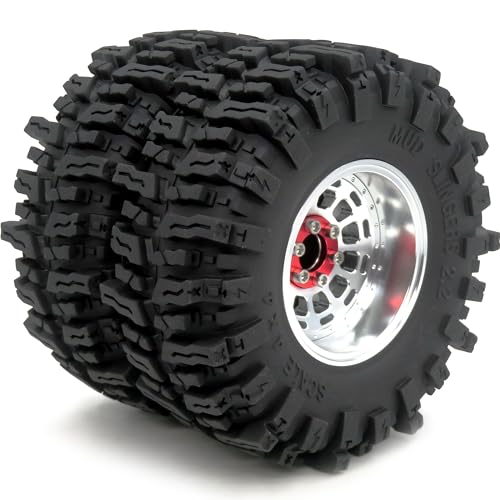 RC 2.2 Beadlock wheels and tires, 124mm Tall 2.2 Mud Slingers Tires & Adjustable Offset 2.2 Wheels Rims Silver For RC Mud Crawler Trail Gen8 Everest 10 Axial Capra Wraith, (4-Pack) - color: Silver