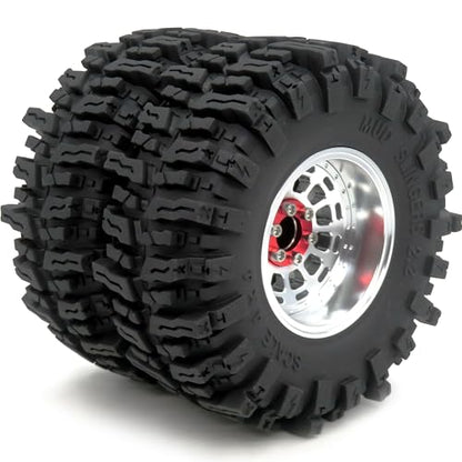 RC 2.2 Beadlock wheels and tires, 124mm Tall 2.2 Mud Slingers Tires & Adjustable Offset 2.2 Wheels Rims Silver For RC Mud Crawler Trail Gen8 Everest 10 Axial Capra Wraith, (4-Pack) - color: Silver