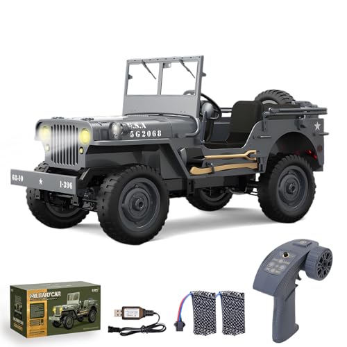 RC Crawler, 1:10 Scale D888 Willys Military Jeep, 2.4Ghz 4WD Off Road Rock Crawler with Lights, Removable Accessories All Terrain RC Jeep Toy for Adult Teens-Upgradable (2 Batteries) - color: Grey