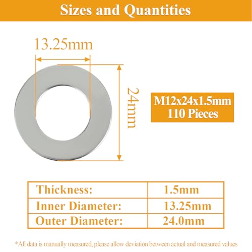 110 Pieces M12x24x1.5mm Fender Washers, 304 Stainless Steel Flat Washers, Fender Washers, Metal Washers for Screws Bolts - size: M12X24X1.5mm