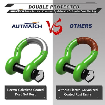 AUTMATCH 3/4" D Ring Shackles (2-Pack) - 41,887 lbs Break Strength | Heavy Duty Clevis Shackle with 7/8" Pin & Isolator Washer Kit for Tow Strap, Winch, Towing & Off-Road Vehicle Recovery, Green - color: Green & Black