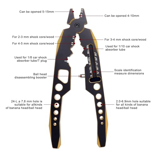 Aluminum Alloy RC Shock Absorber Pliers RC Crawler Shocks Multifunction Pliers RC Rod Ends Disassemble Tools for Traxxas Arrma Axial Losi Redcat Racing Cars Trucks (Black&Gold)