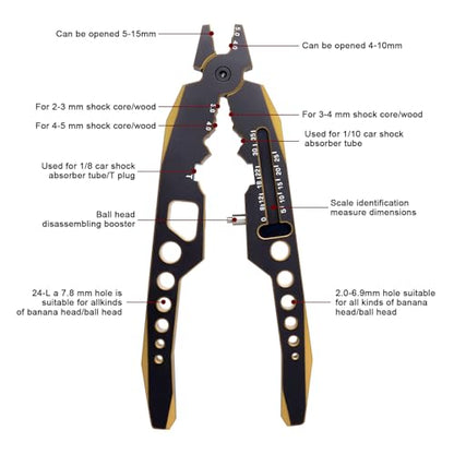 Aluminum Alloy RC Shock Absorber Pliers RC Crawler Shocks Multifunction Pliers RC Rod Ends Disassemble Tools for Traxxas Arrma Axial Losi Redcat Racing Cars Trucks (Black&Gold)