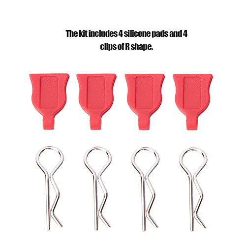 1/10 RC Car Body Clips with Silicone Pads, R Shape, Red | Secure Body Shell Mounting, Includes 4 R-Shaped Clips & 4 Silicone Pads, Durable RC Drift Car Accessory