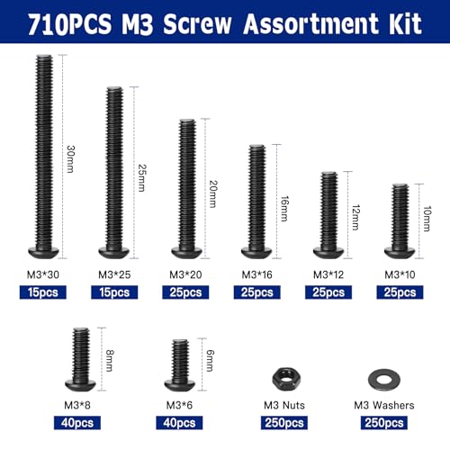 710PCS M3 Screw Assortment Kit, M3x6/8/10/12/16/20/25/30mm M3 Screw Kits | 10.9 Grade Alloy Steel Metric Hex Button Head Cap Screws, Nuts and Flat Washers, Black Zinc Plated Screw Set for 3D Printing - size: M3